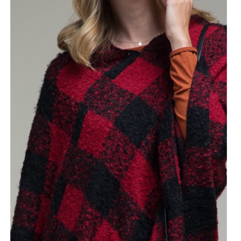 LAST 1 🔥 2 Tone Buffalo Plaid Long Fringe Poncho - Picture 3 of 10